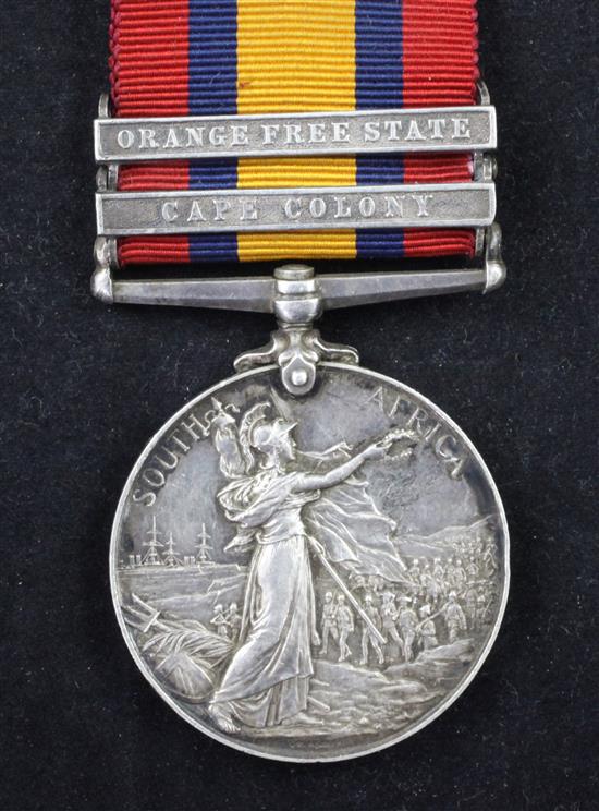 A Queens South Africa medal with 2 clasps to Cpl. S.Wilson, Yorks Regt.